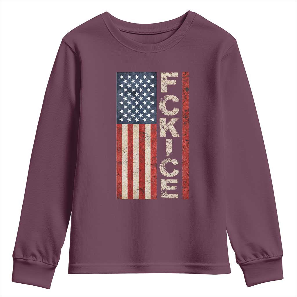 F Ice Retro Distressed American Flag Youth Sweatshirt Patriotic Against Ice Justice Protest Resistance