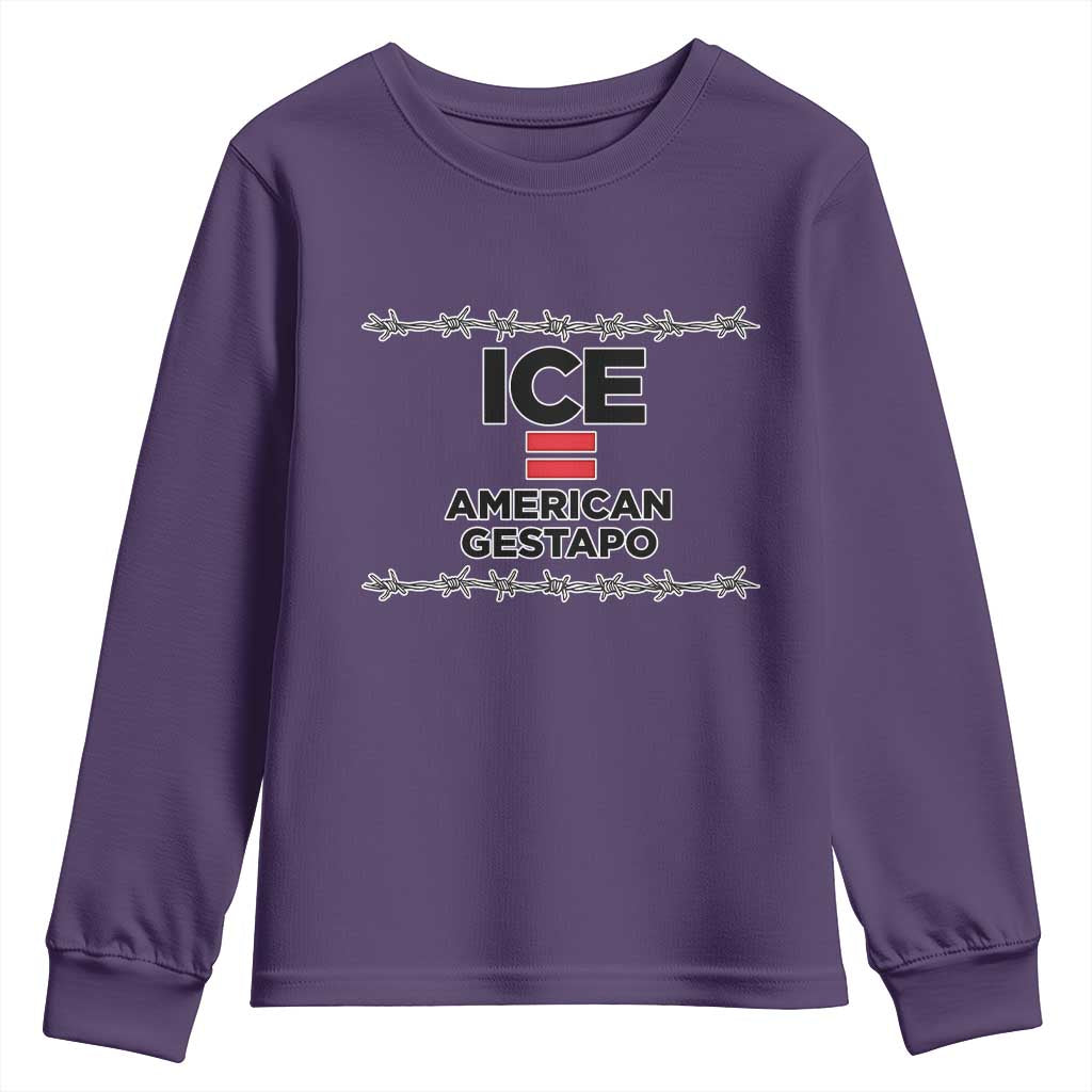 Ice Equals American Gestapo Youth Sweatshirt Barbed Wire Protest Political Resistance
