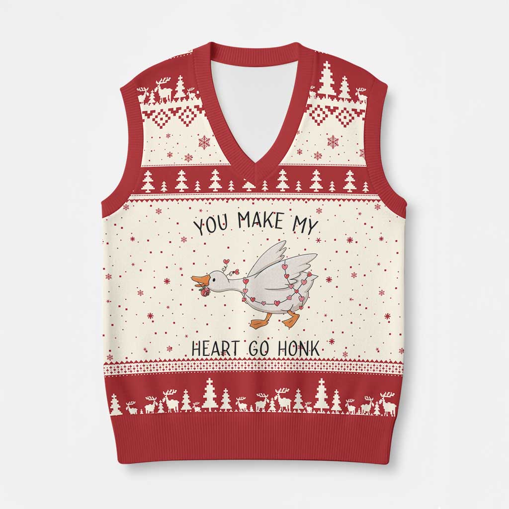 Funny Valentine Goose V-Neck Knit Sweater Vest You Make My Heart Go Honk Cute Romantic Gift