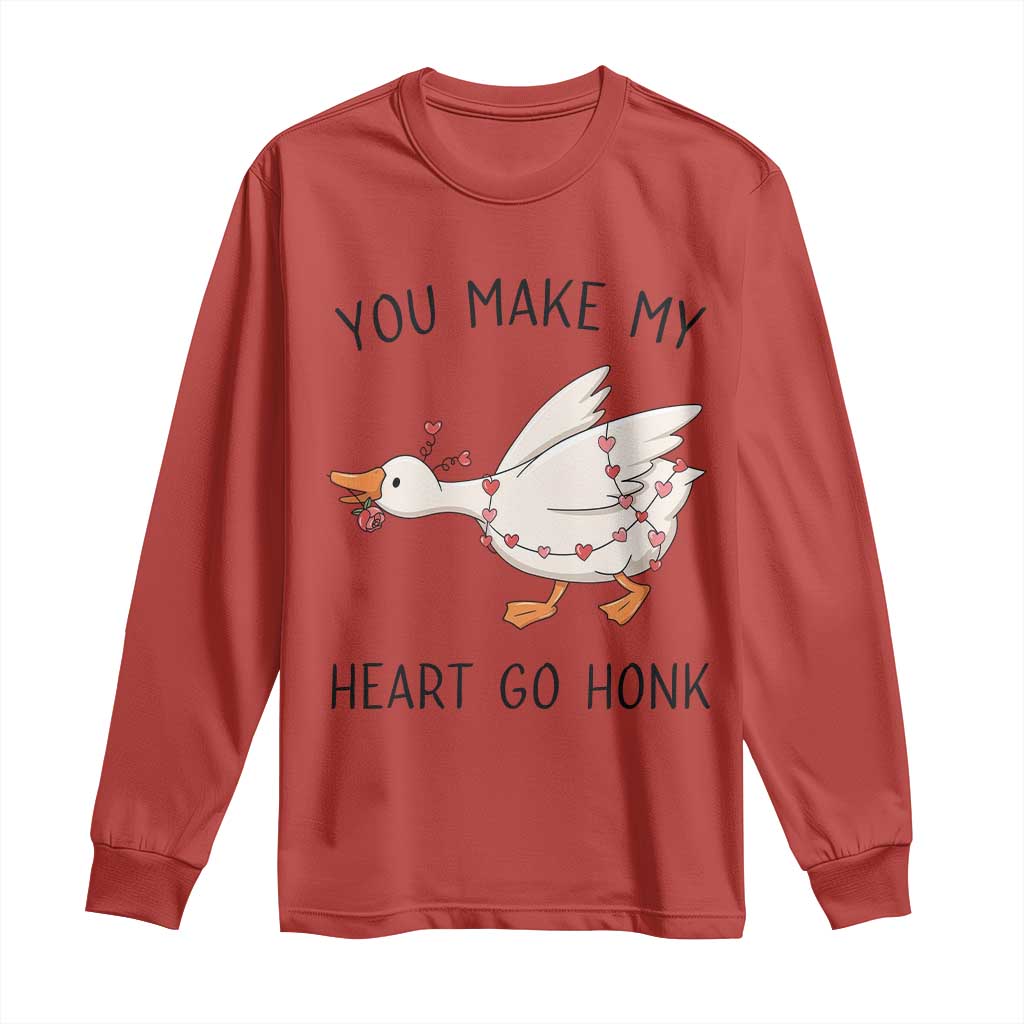 Funny Valentine Goose Long Sleeve Shirt You Make My Heart Go Honk Cute Romantic Gift