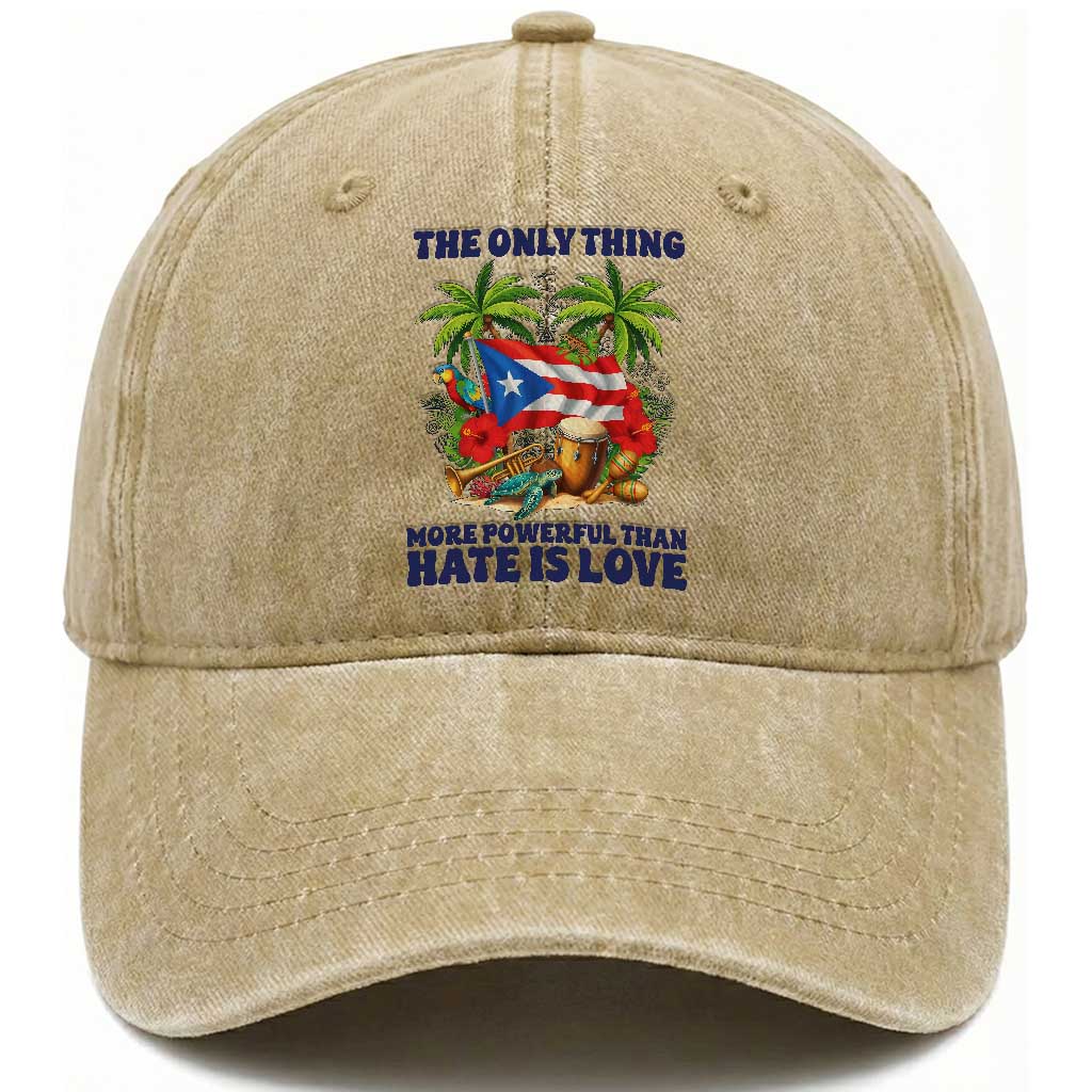 The Only Thing More Powerful Than Hate Is Love Puerto Rico Washed Cotton Baseball Cap Unity and Love Boricua Heritage Pride