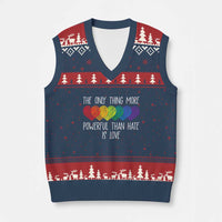 The Only Thing More Powerful Than Hate Is Love V-Neck Knit Sweater Vest Rainbow Hearts Pride Unity Bunny Inspirational Quote