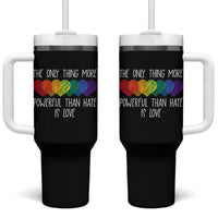 The Only Thing More Powerful Than Hate Is Love Tumbler With Handle Rainbow Hearts Pride Unity Bunny Inspirational Quote