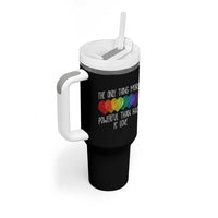 The Only Thing More Powerful Than Hate Is Love Tumbler With Handle Rainbow Hearts Pride Unity Bunny Inspirational Quote