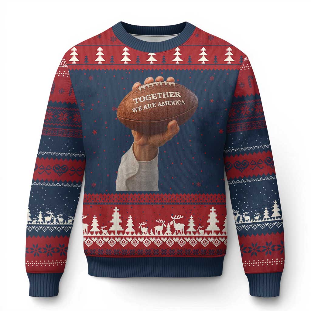 Together We Are America Bunny Holding Football Ugly Christmas Sweater Unity Game Day Inspirational Quote