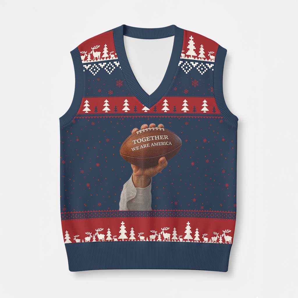 Together We Are America Bunny Holding Football V-Neck Knit Sweater Vest Unity Game Day Inspirational Quote