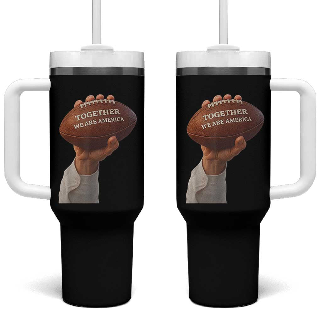 Together We Are America Bunny Holding Football Tumbler With Handle Unity Game Day Inspirational Quote