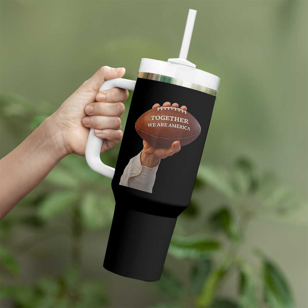 Together We Are America Bunny Holding Football Tumbler With Handle Unity Game Day Inspirational Quote
