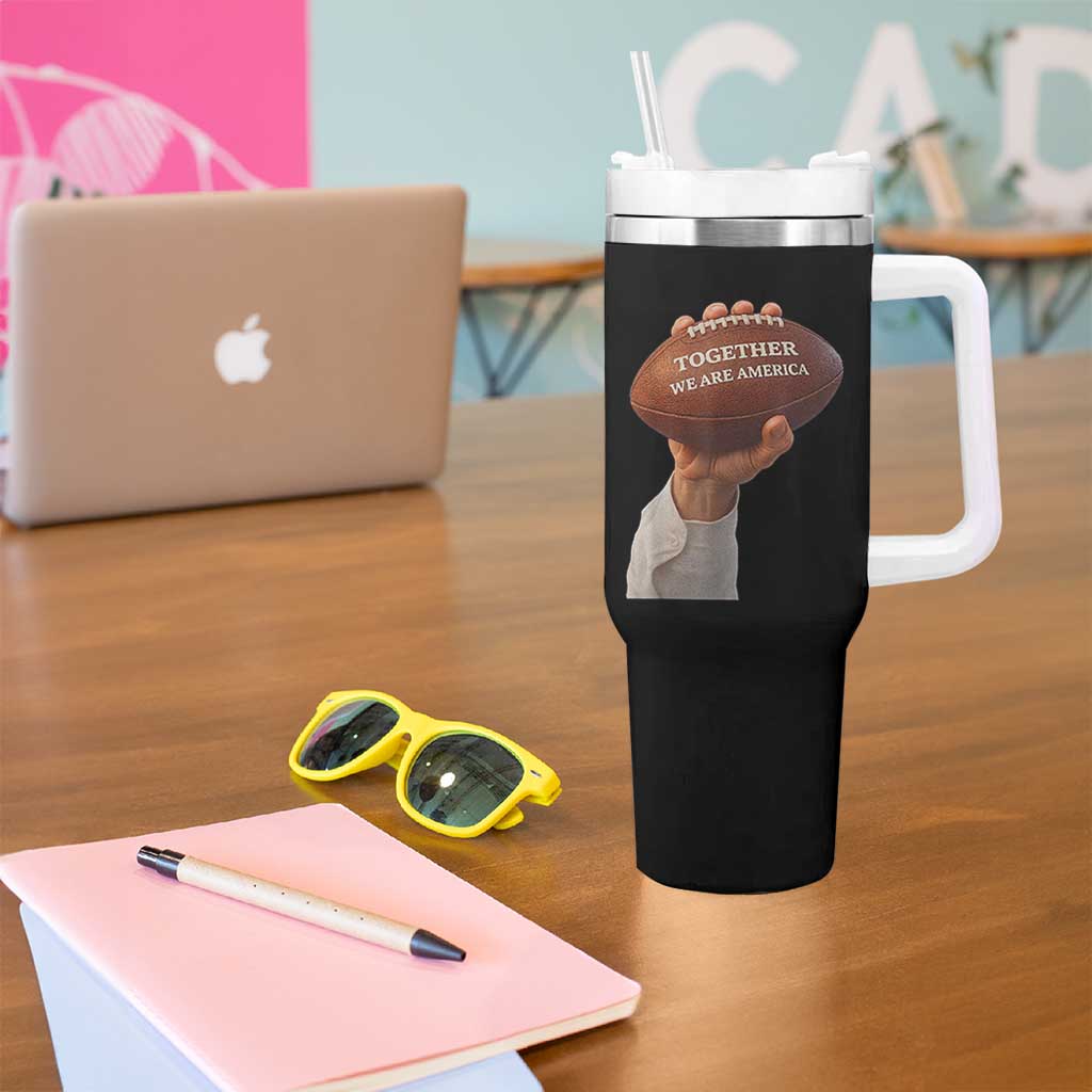 Together We Are America Bunny Holding Football Tumbler With Handle Unity Game Day Inspirational Quote