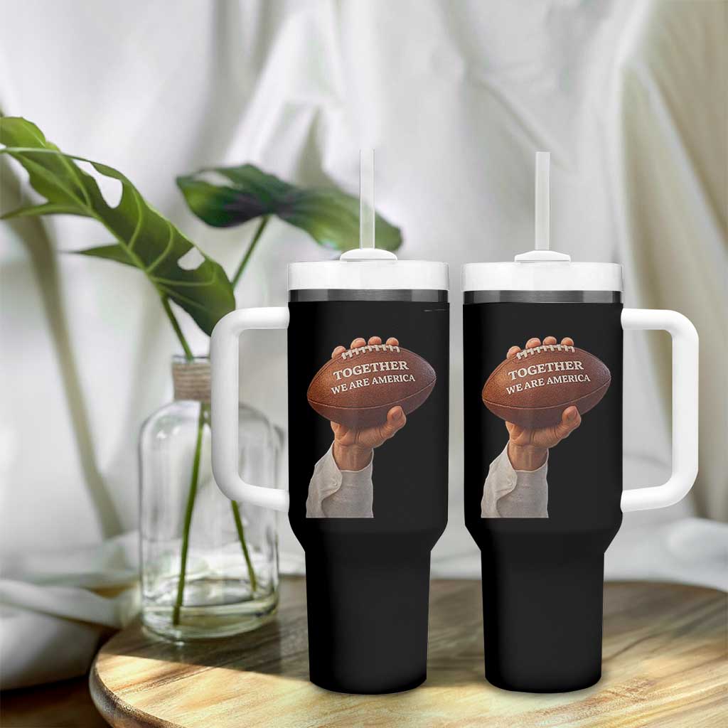 Together We Are America Bunny Holding Football Tumbler With Handle Unity Game Day Inspirational Quote