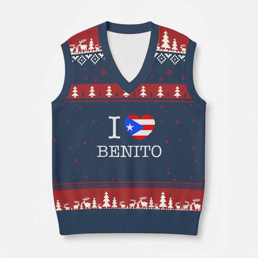 I Love Benito Puerto Rico Flag Heart V-Neck Knit Sweater Vest Boricua Music Fan Game Day Everyday