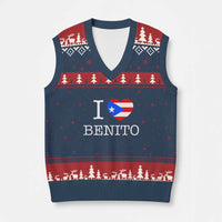 I Love Benito Puerto Rico Flag Heart V-Neck Knit Sweater Vest Boricua Music Fan Game Day Everyday