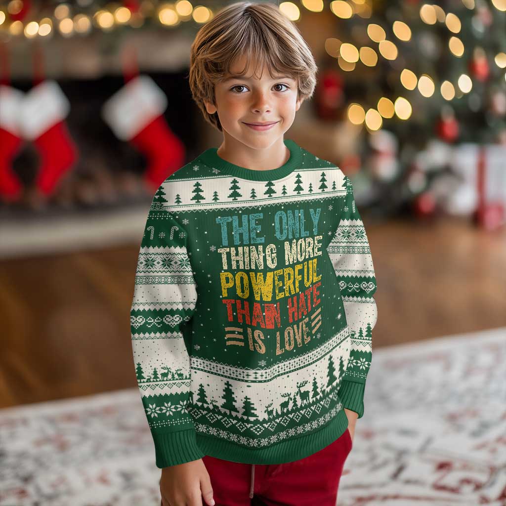 The Only Thing More Powerful Than Hate Is Love Ugly Christmas Sweater Bold Retro Typography Bunny Inspirational Quote