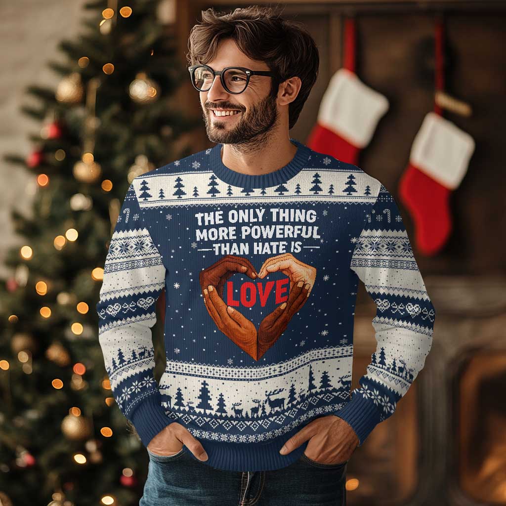 The Only Thing More Powerful Than Hate Is Love Ugly Christmas Sweater Heart in Hands Unity Bunny Inspirational Quote