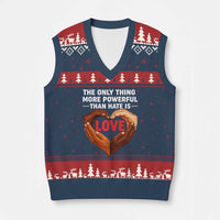 The Only Thing More Powerful Than Hate Is Love V-Neck Knit Sweater Vest Heart in Hands Unity Bunny Inspirational Quote