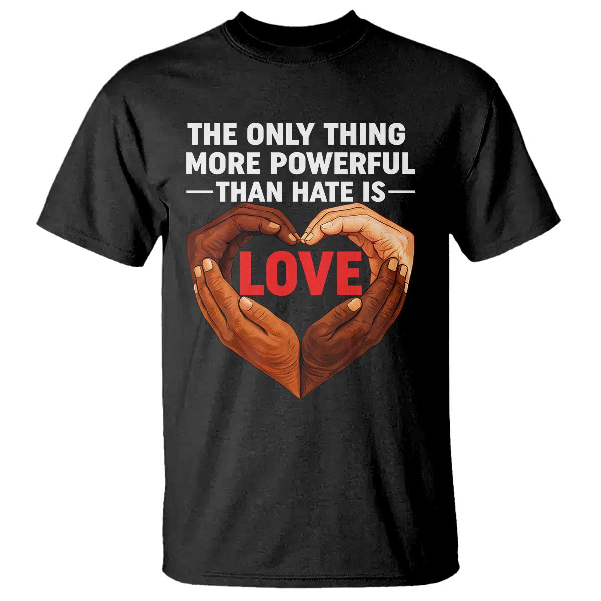 The Only Thing More Powerful Than Hate Is Love T Shirt Heart in Hands Unity Bunny Inspirational Quote