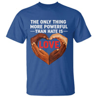The Only Thing More Powerful Than Hate Is Love T Shirt Heart in Hands Unity Bunny Inspirational Quote