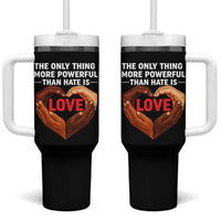 The Only Thing More Powerful Than Hate Is Love Tumbler With Handle Heart in Hands Unity Bunny Inspirational Quote