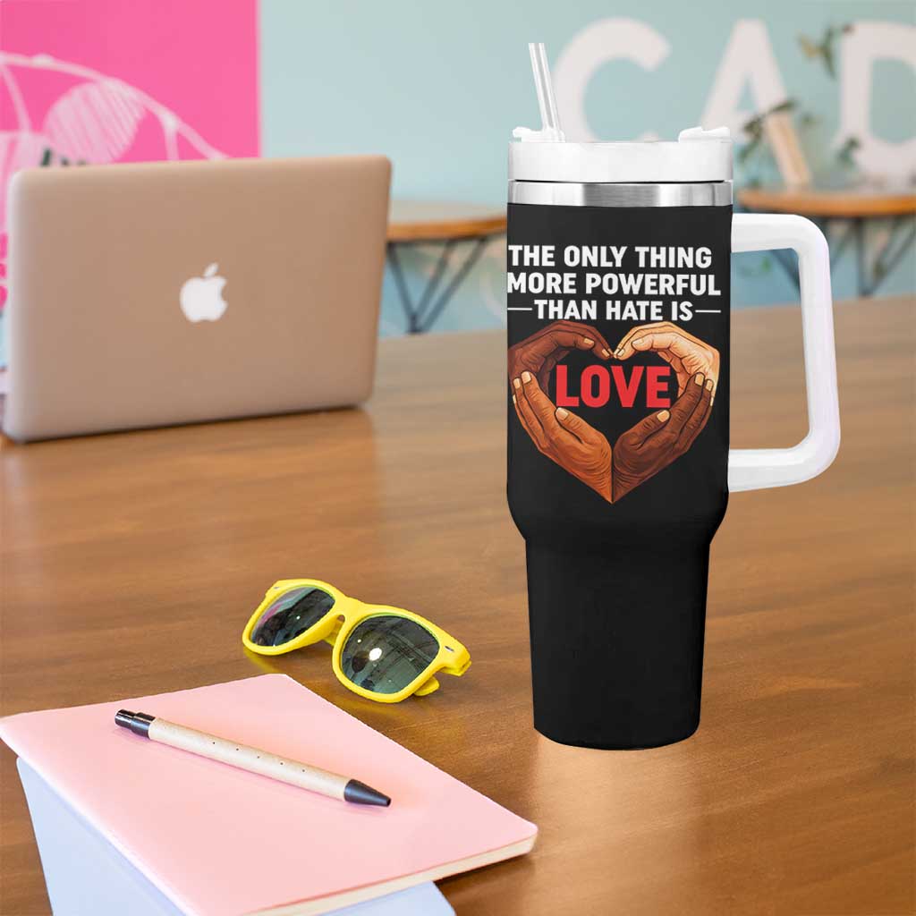 The Only Thing More Powerful Than Hate Is Love Tumbler With Handle Heart in Hands Unity Bunny Inspirational Quote