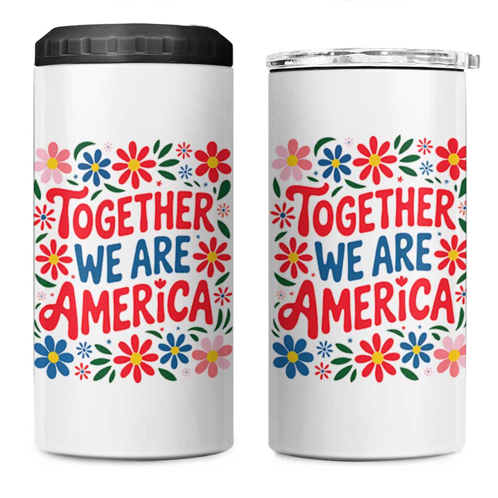Together We Are America Floral Patriotic 4 in 1 Can Cooler Tumbler Retro Red White and Blue Bunny Inspirational Quote