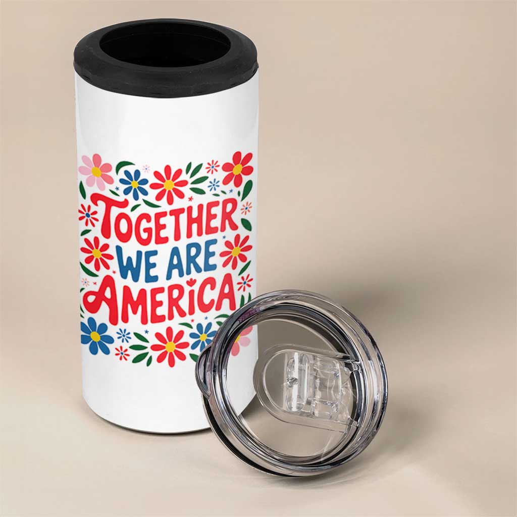 Together We Are America Floral Patriotic 4 in 1 Can Cooler Tumbler Retro Red White and Blue Bunny Inspirational Quote