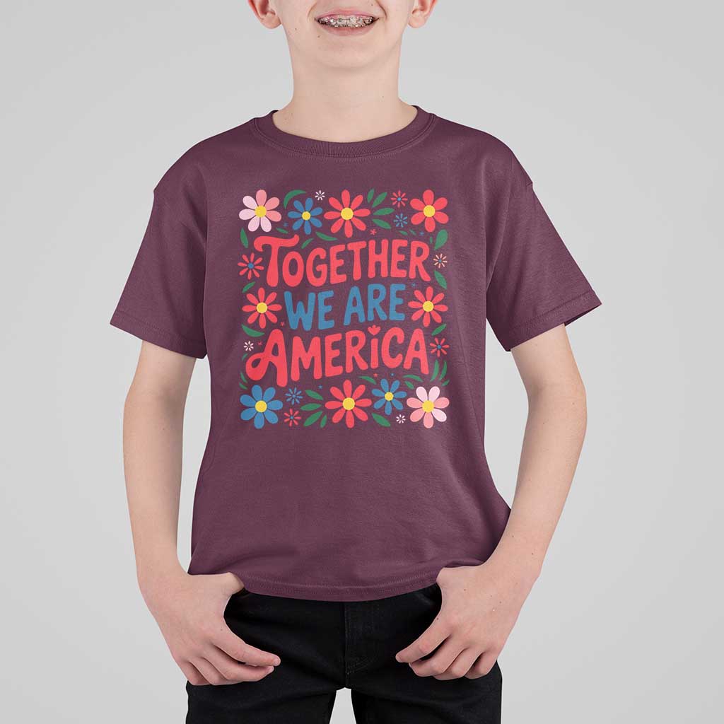 Together We Are America Floral Patriotic T Shirt For Kid Retro Red White and Blue Bunny Inspirational Quote