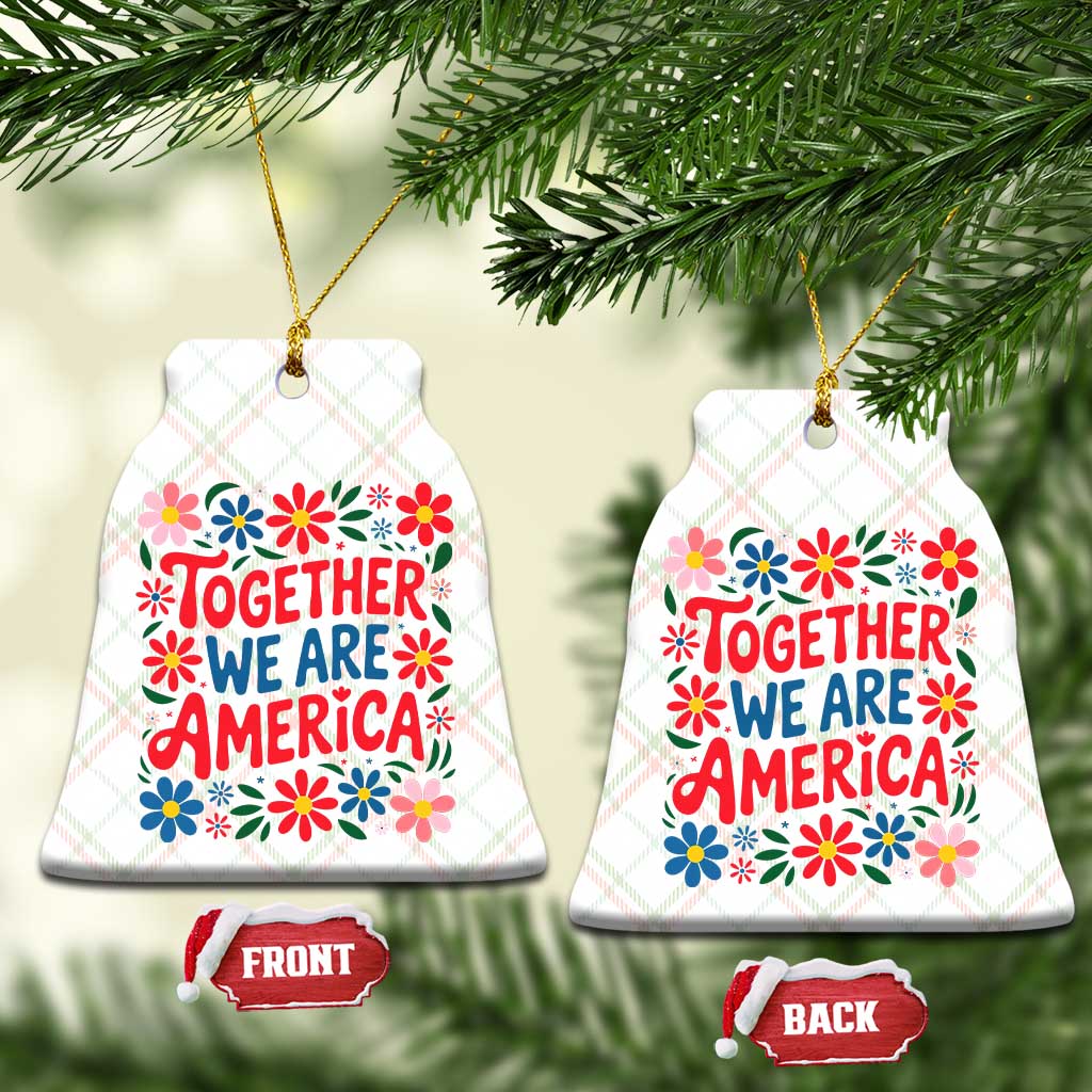 Together We Are America Floral Patriotic Ceramic Ornament Retro Red White and Blue Bunny Inspirational Quote