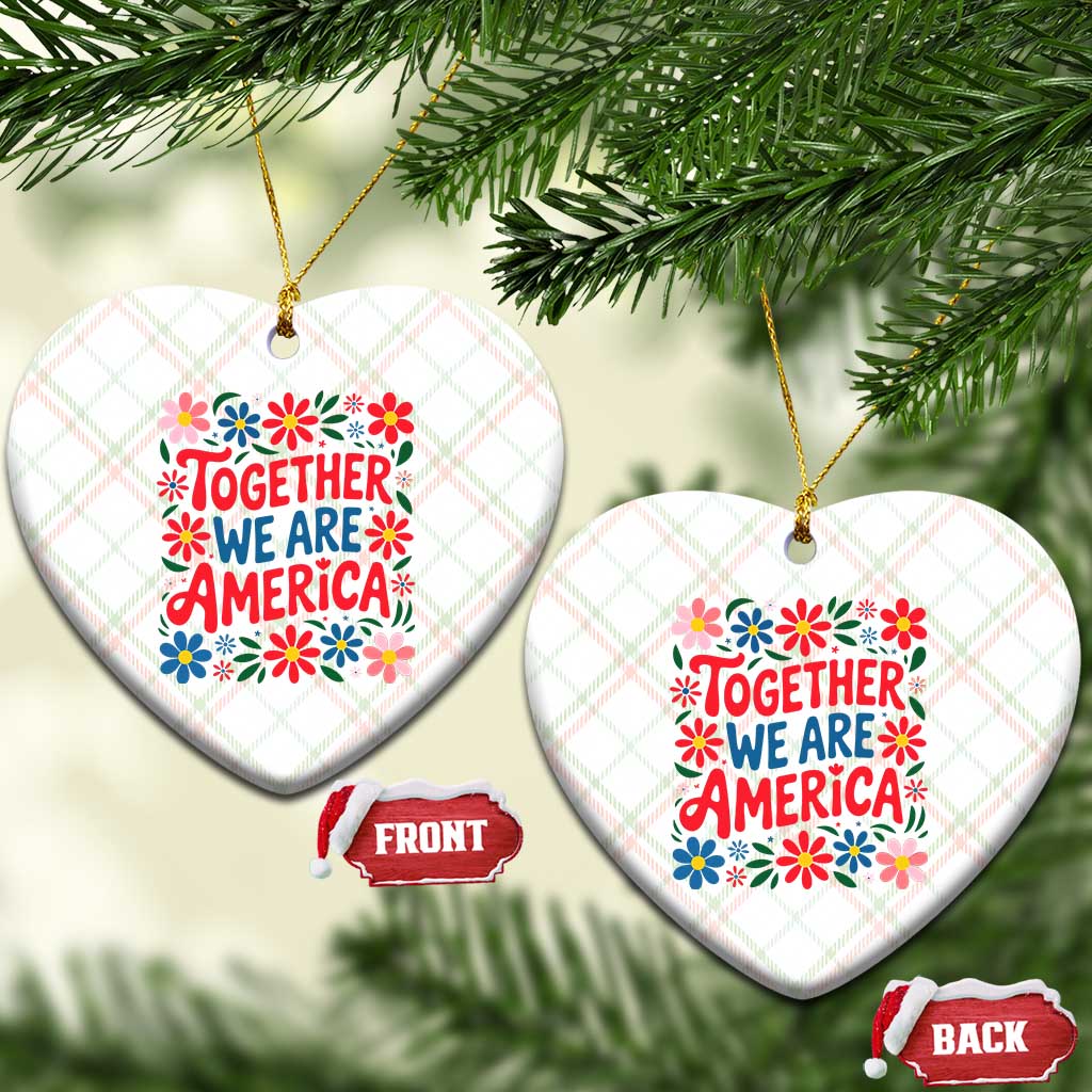Together We Are America Floral Patriotic Ceramic Ornament Retro Red White and Blue Bunny Inspirational Quote
