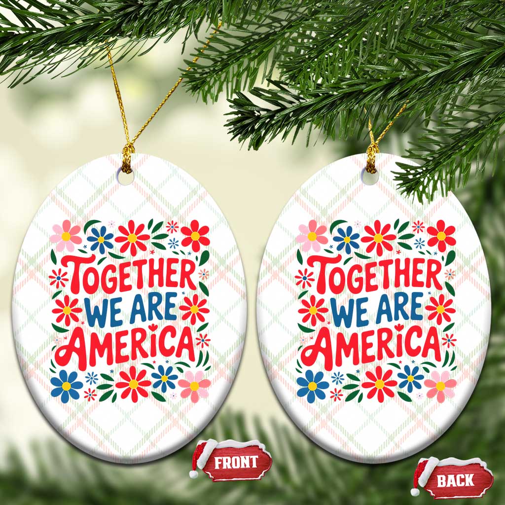 Together We Are America Floral Patriotic Ceramic Ornament Retro Red White and Blue Bunny Inspirational Quote
