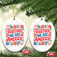 Together We Are America Floral Patriotic Ceramic Ornament Retro Red White and Blue Bunny Inspirational Quote