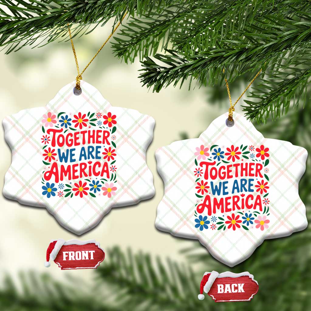 Together We Are America Floral Patriotic Ceramic Ornament Retro Red White and Blue Bunny Inspirational Quote