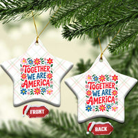 Together We Are America Floral Patriotic Ceramic Ornament Retro Red White and Blue Bunny Inspirational Quote