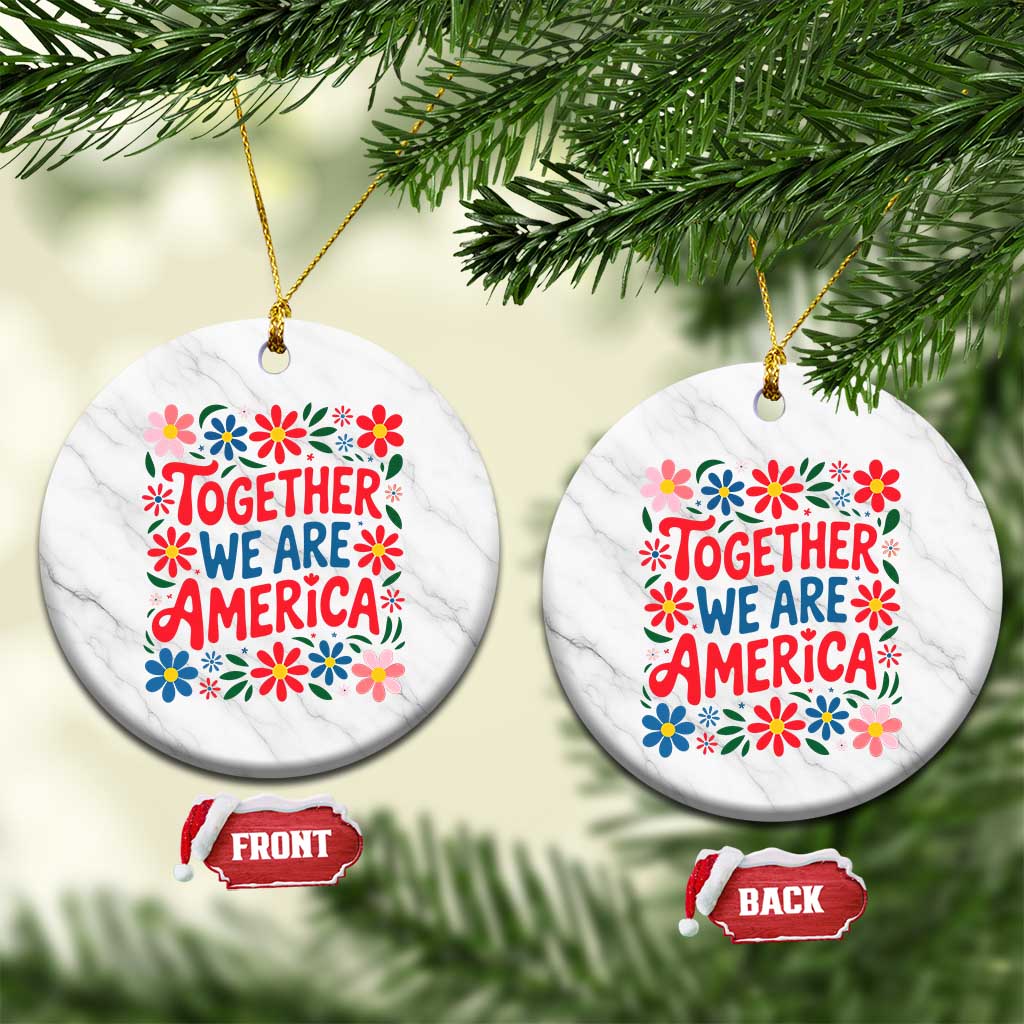 Together We Are America Floral Patriotic Ceramic Ornament Retro Red White and Blue Bunny Inspirational Quote
