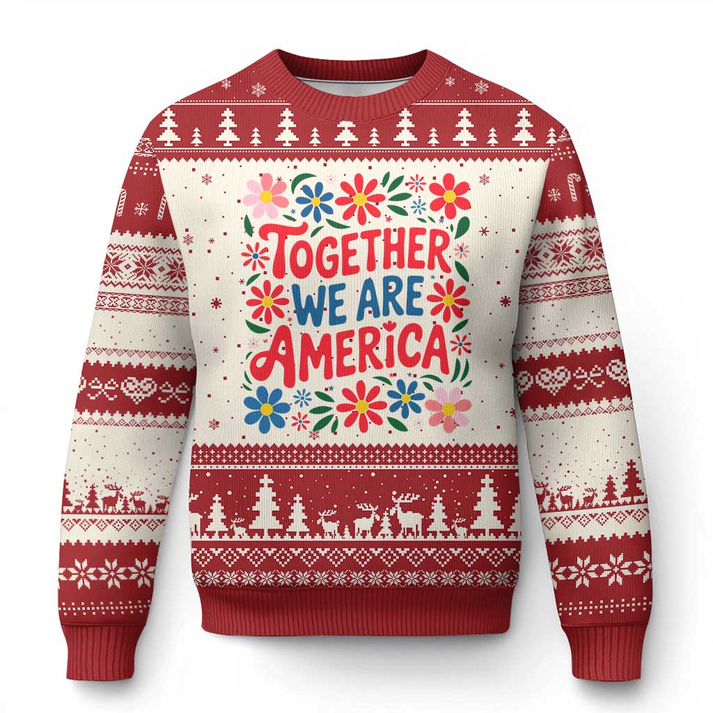 Together We Are America Floral Patriotic Ugly Christmas Sweater Retro Red White and Blue Bunny Inspirational Quote