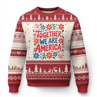 Together We Are America Floral Patriotic Ugly Christmas Sweater Retro Red White and Blue Bunny Inspirational Quote