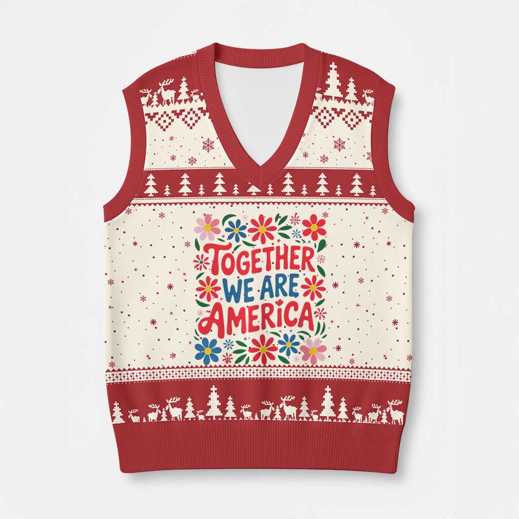 Together We Are America Floral Patriotic V-Neck Knit Sweater Vest Retro Red White and Blue Bunny Inspirational Quote