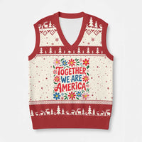 Together We Are America Floral Patriotic V-Neck Knit Sweater Vest Retro Red White and Blue Bunny Inspirational Quote