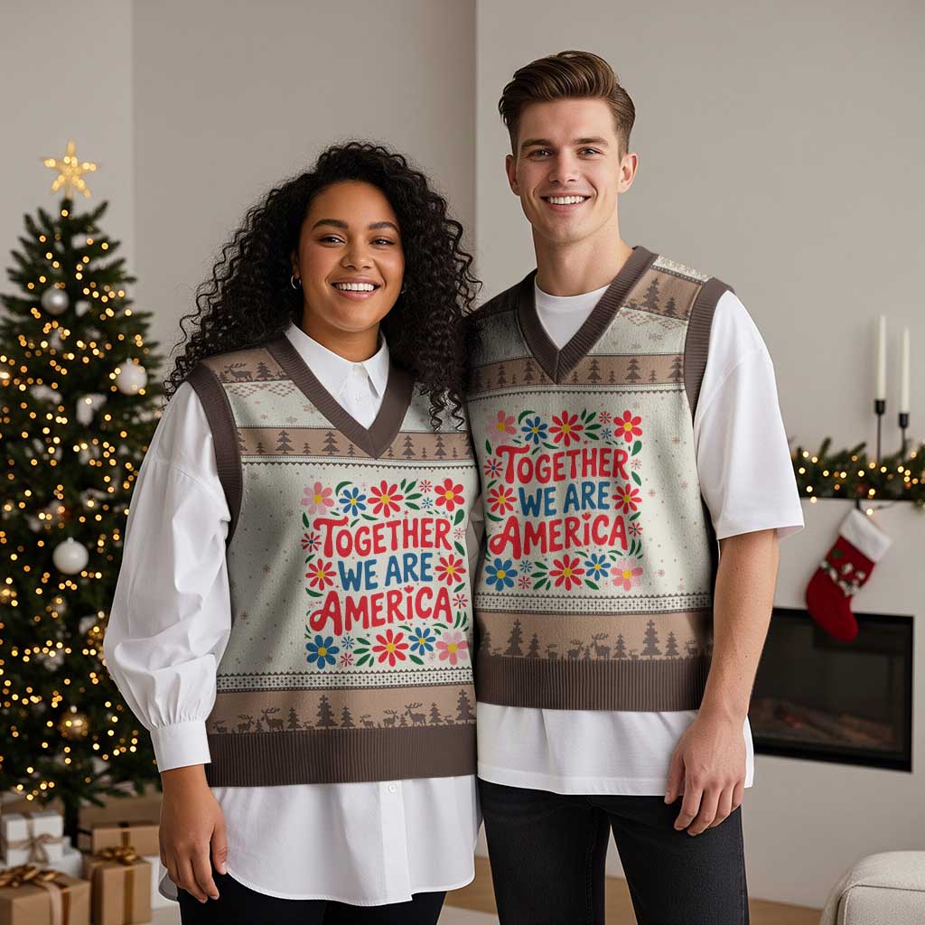 Together We Are America Floral Patriotic V-Neck Knit Sweater Vest Retro Red White and Blue Bunny Inspirational Quote