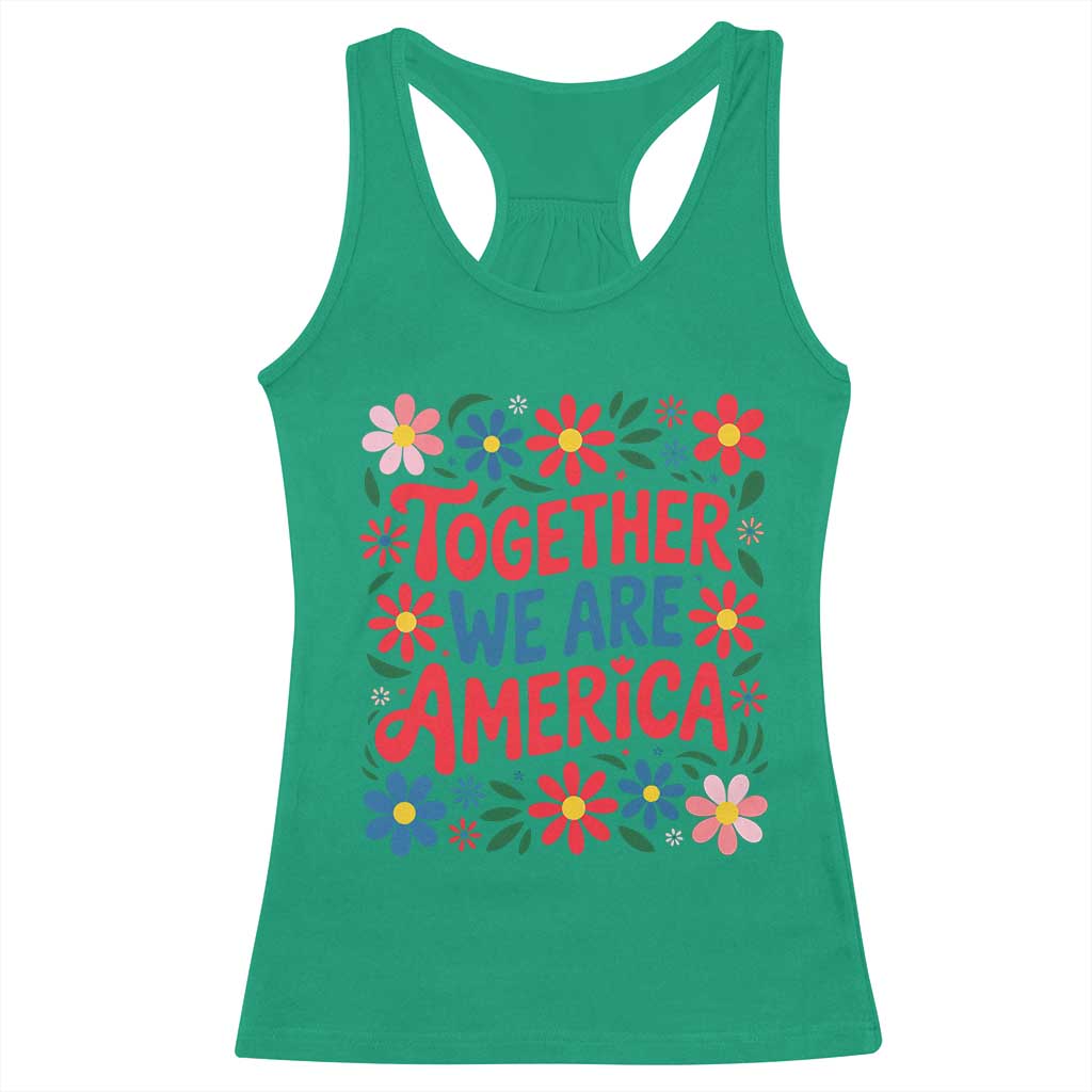 Together We Are America Floral Patriotic Racerback Tank Top Retro Red White and Blue Bunny Inspirational Quote