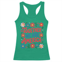 Together We Are America Floral Patriotic Racerback Tank Top Retro Red White and Blue Bunny Inspirational Quote