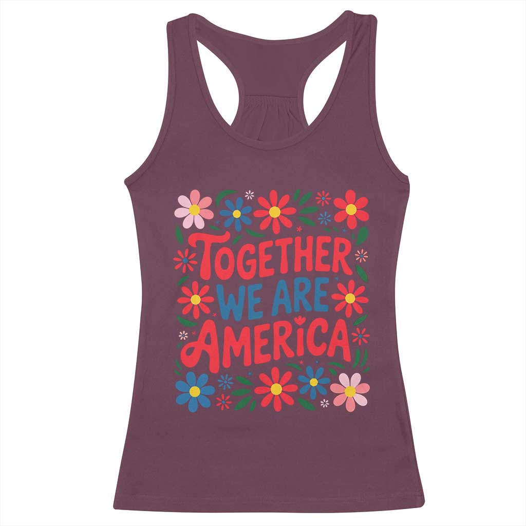 Together We Are America Floral Patriotic Racerback Tank Top Retro Red White and Blue Bunny Inspirational Quote