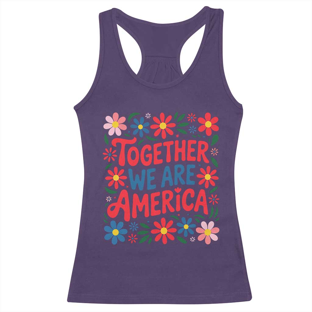Together We Are America Floral Patriotic Racerback Tank Top Retro Red White and Blue Bunny Inspirational Quote