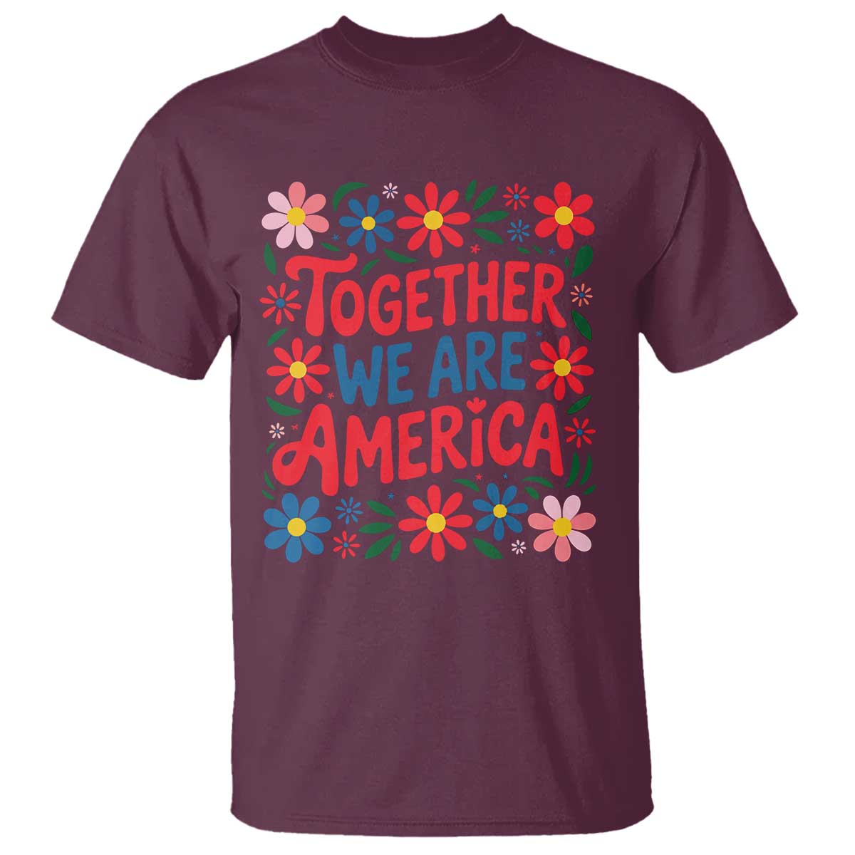 Together We Are America Floral Patriotic T Shirt Retro Red White and Blue Bunny Inspirational Quote