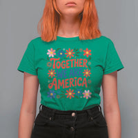 Together We Are America Floral Patriotic T Shirt For Women Retro Red White and Blue Bunny Inspirational Quote