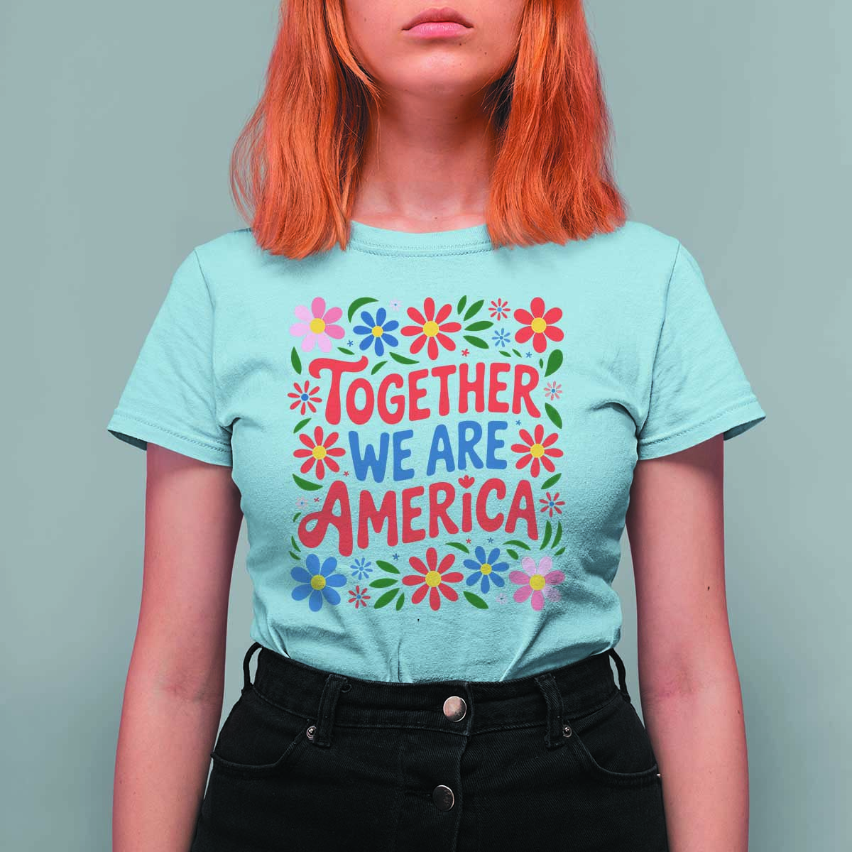 Together We Are America Floral Patriotic T Shirt For Women Retro Red White and Blue Bunny Inspirational Quote