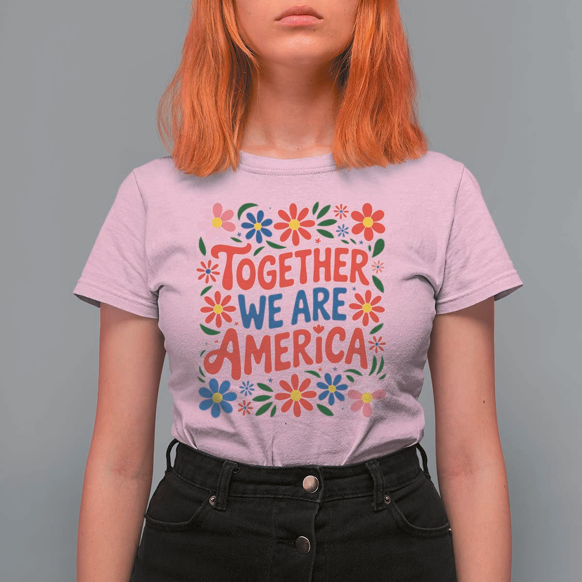Together We Are America Floral Patriotic T Shirt For Women Retro Red White and Blue Bunny Inspirational Quote