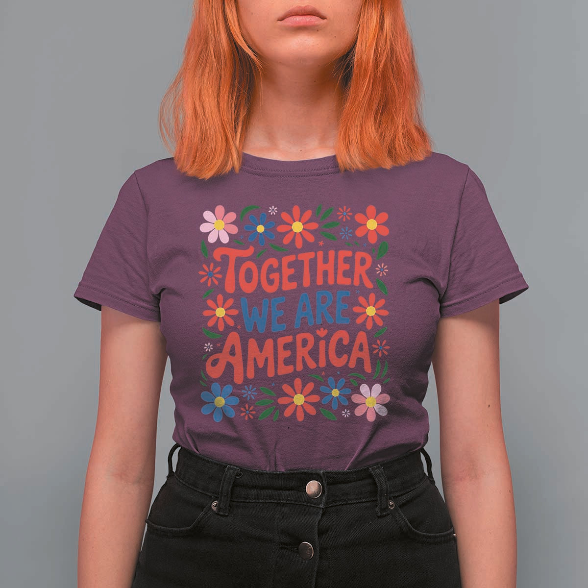 Together We Are America Floral Patriotic T Shirt For Women Retro Red White and Blue Bunny Inspirational Quote