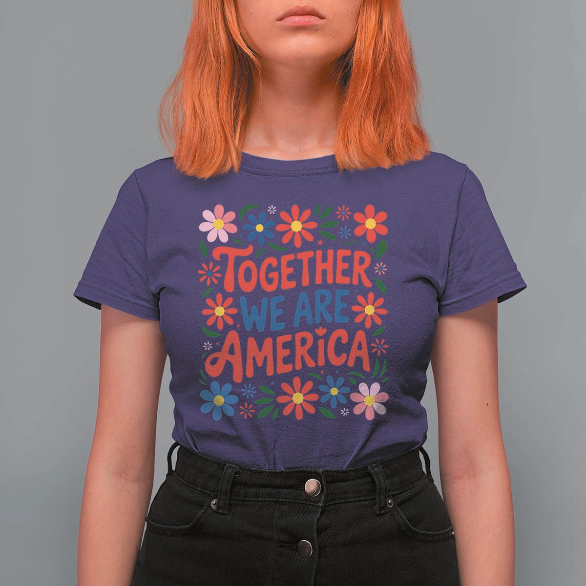 Together We Are America Floral Patriotic T Shirt For Women Retro Red White and Blue Bunny Inspirational Quote