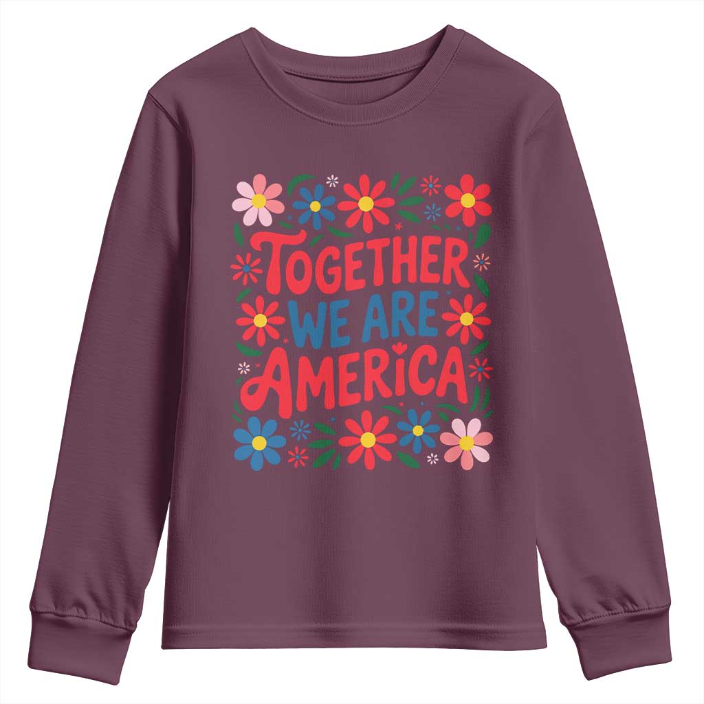 Together We Are America Floral Patriotic Youth Sweatshirt Retro Red White and Blue Bunny Inspirational Quote