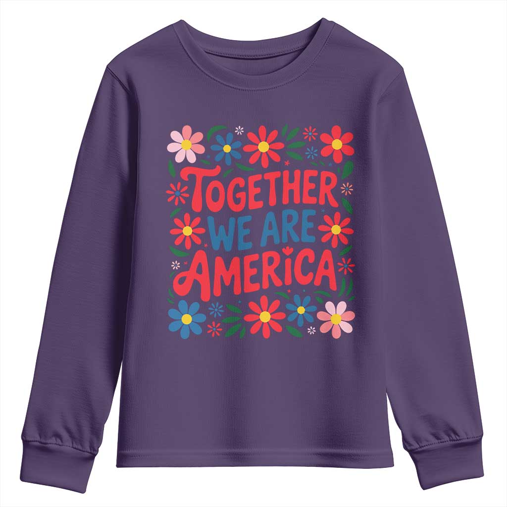 Together We Are America Floral Patriotic Youth Sweatshirt Retro Red White and Blue Bunny Inspirational Quote